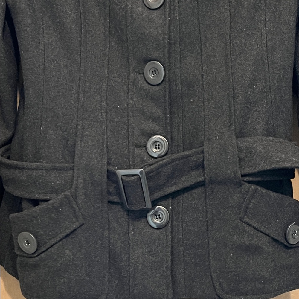 Coffee Shop wool silk lined Gray/Black Button-Up Jacket with belt - Picture 7 of 8